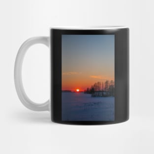 Sunset winter landscape with snow-covered road in violet and pink colors Mug